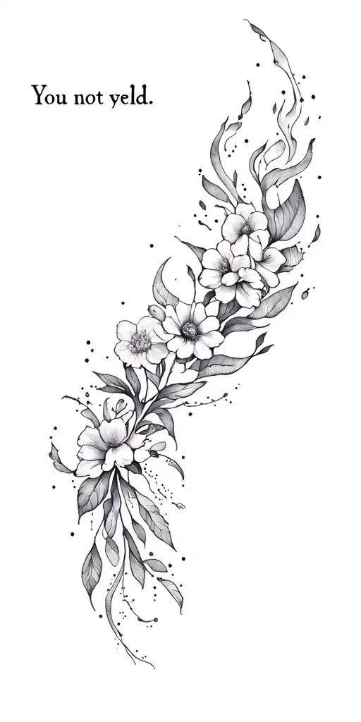 "You do not yield " Delicate floral sleeve, Aries Cancer zodiac, dotwork flames, feminine ethereal black and grey tattoo design idea