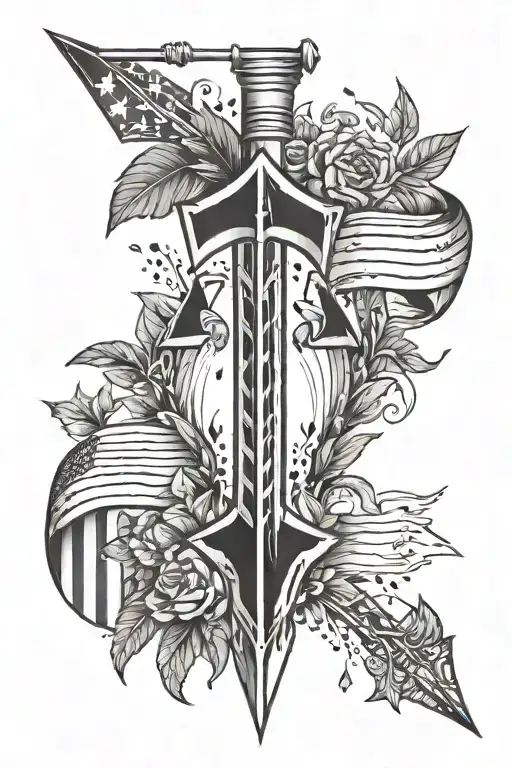 Design a tattoo of an arrow with German, Irish, American flags. Charms hanging of the arrow with letter P, T, UNT, a cro tattoo design idea