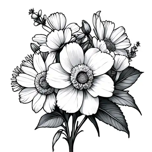 Carnation And Daffodil and daisy bouquet tattoo design idea