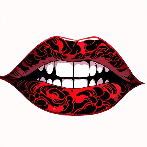 "Metallic Tranquility" red lips with sharp teeth tattoo design idea