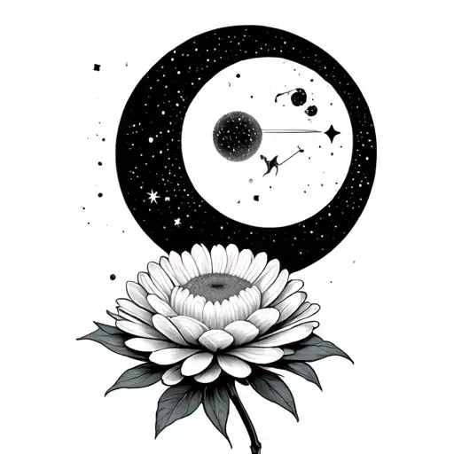 chrysanthemum flower waning gibbous moon and Sagittarius constellation tattoo design idea