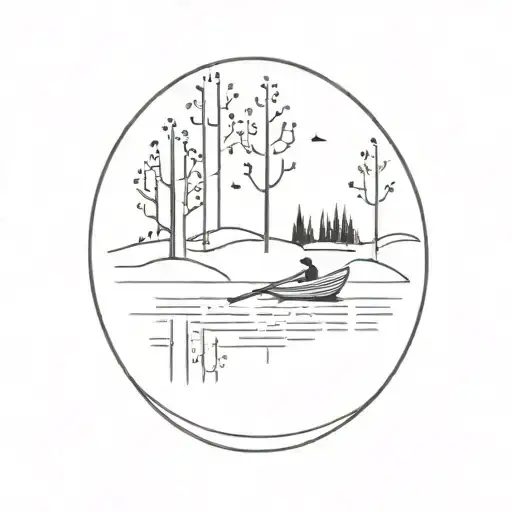 rowing boat surrounded by minimal trees. with no people. tattoo design idea
