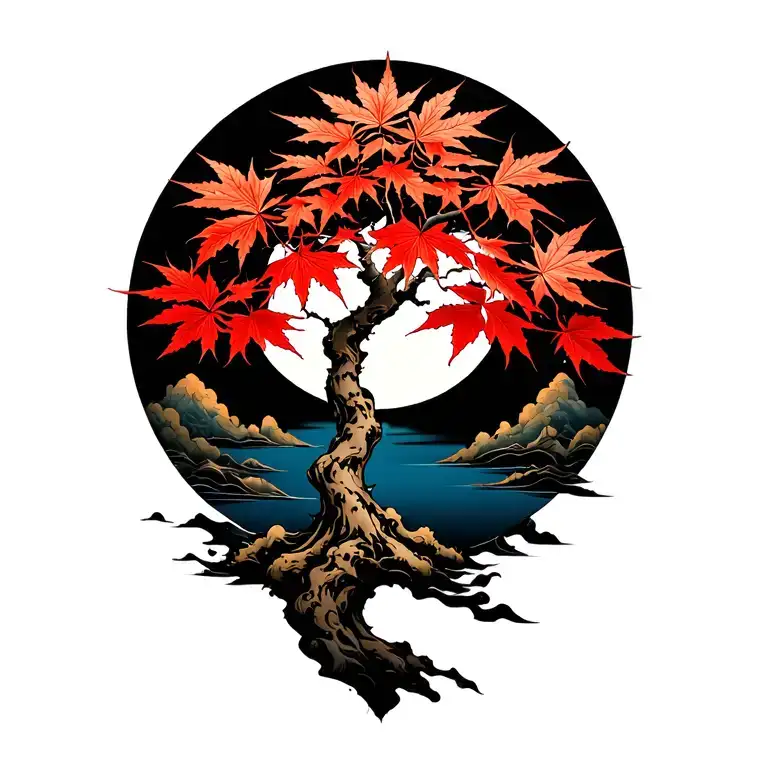 Japanese maple tree with leaves moon tattoo design idea