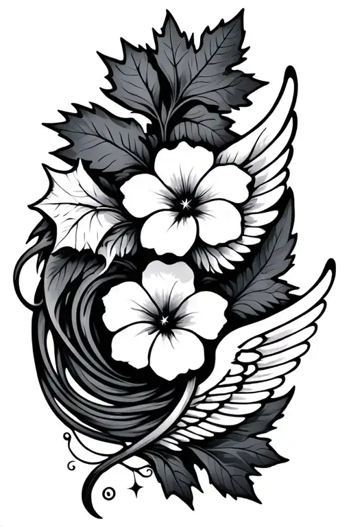 Gently flowing horizontal line, connecting an oak leaf, a morning glory flower, angel wing and a small star with a wave tattoo design idea