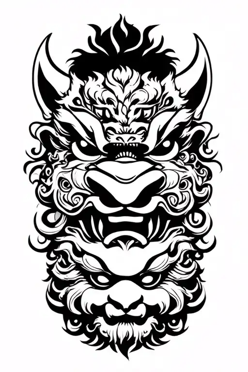 3 masks tragedy and comedy and a foo dog tattoo design idea