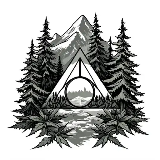 mountain, deathly hallows, stinging nettles, pine trees tattoo design idea
