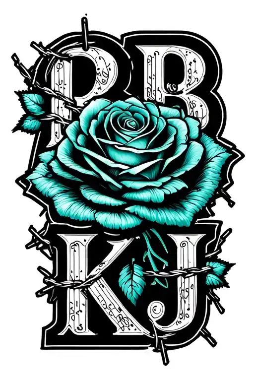"RB ; KJ" "RB ; KJ" "RB ; KJ" teal rose wrapped in barbed wire tattoo design idea