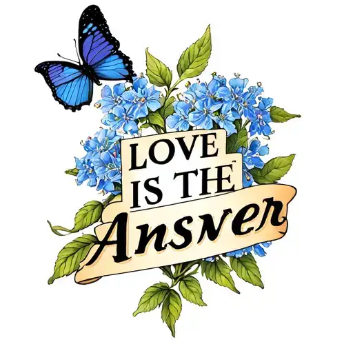 "LOVE IS THE ANSWER" blue butterfly bush tattoo design idea