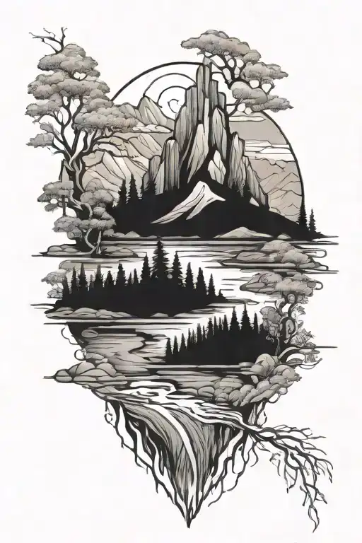 River and Mountain Scene tattoo design idea