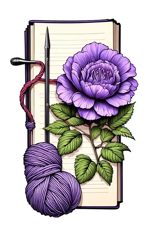 lilac flower, book and crochet hook and yarn intertwined tattoo design idea