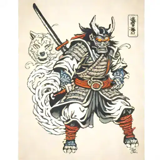 samurai with Oni mask with lone wolf tattoo design idea