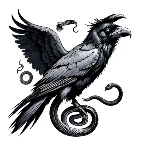 spine tattoo with a raven facing up wings spread and a snake slithering up the spine on top of the raven tattoo design idea