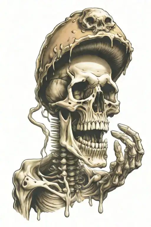 mushroom skull screaming from alien hand pulling back the cap tattoo design idea