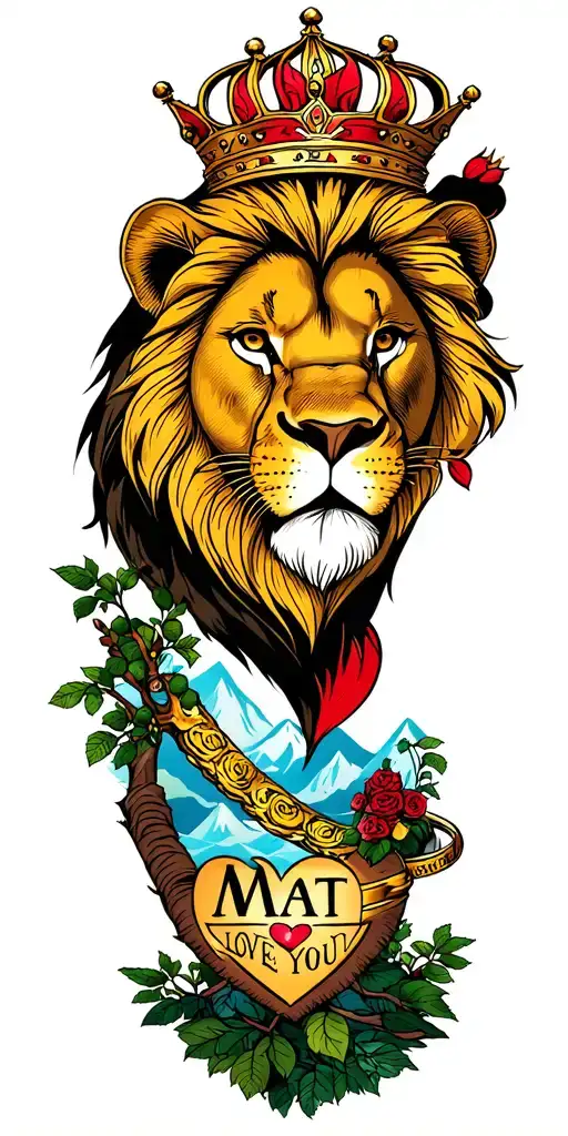 "MAT" Heart with LOVE YOU MAT and  weddind rings, lion king head with a crown on the mountians and nature inspired  tattoo design idea