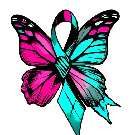 can you make a thyroid cancer ribbon tattoo with a butterfly. (the colors are pink, teal, and blue). Minimalist tattoo design idea