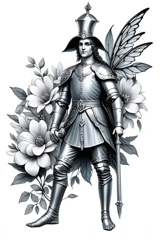 Tin soldier from a fairy tale in flowers tattoo design idea