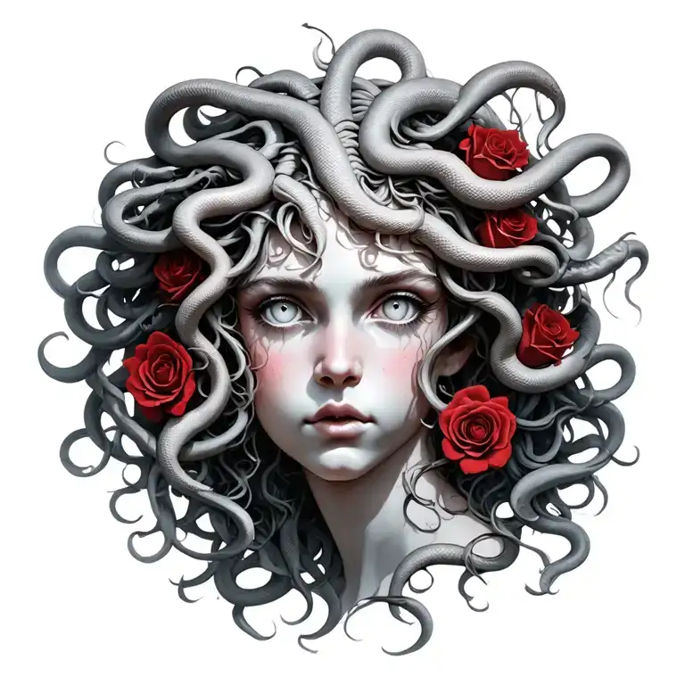Medusa Gorgon model face, with completely white eyes, her snake hair turns into red roses, Greek mythology tattoo design idea
