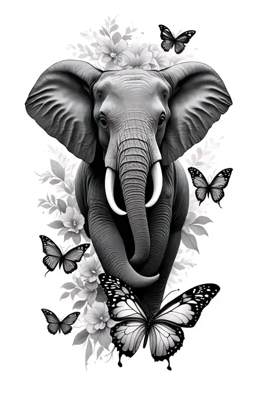 elephant butterflies and strength tattoo design idea