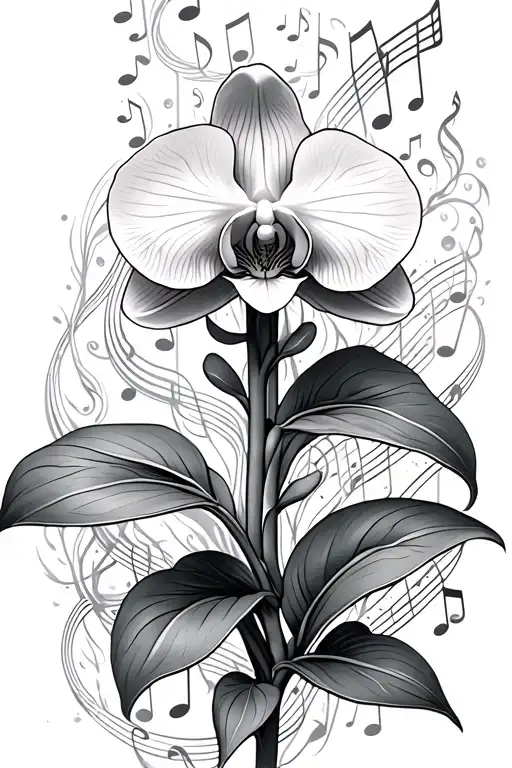 orchid blooming underwater surrounded by music notes tattoo design idea