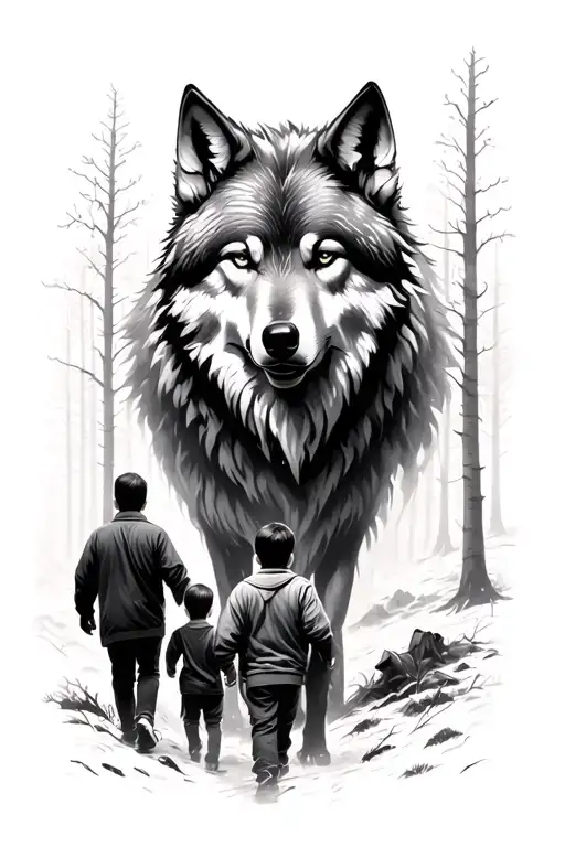 wolf spirit overlooking a man and two boys walking through the forest tattoo design idea