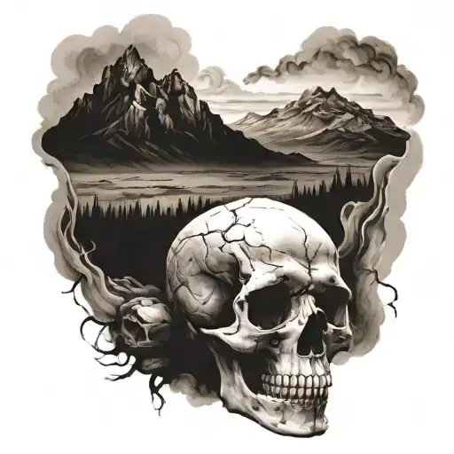 skull foreground, burnt landscape into smoke covered mountains tattoo design idea