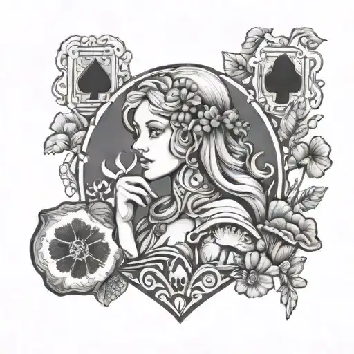Gaia blonde woman magic mushrooms and playing card 4 of hearts tattoo design idea