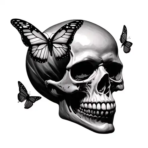 HORROR SKULL WITH MEDIUM SIZED BUTTERFLIES WITH SEATTLE SKYLINE IN THE BACK tattoo design idea