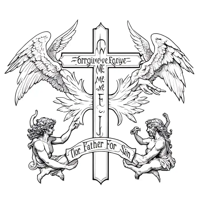 A cross in the middle with angels on one side and demons on the other with the phrase "Forgive Me Father For I Sin"  tattoo design idea
