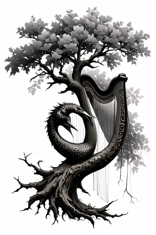 ash tree and harp tattoo design idea