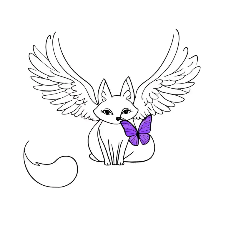 small fox sitting with angel wings on fox with purple butterfly  tattoo design idea