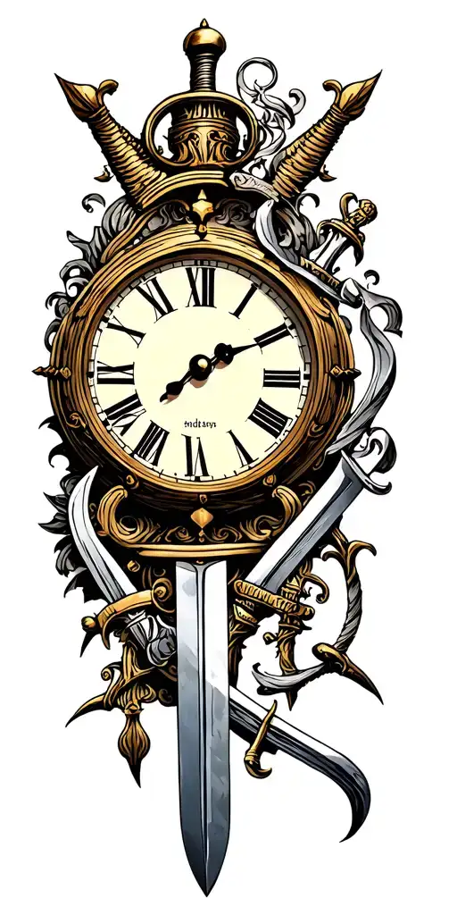all men must die on Latin in a clock surrounded by swords tattoo design idea