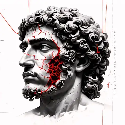  Theseus, cracked face, red thread, labirinth, greek meander tattoo design idea