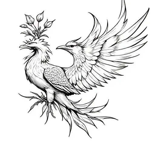 Phoenix Bird Rising gently from abstract flame. Wildflower Growing from the Ashes. Add a loose feather drifting  tattoo design idea