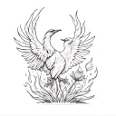 Phoenix Bird Rising gently from abstract flame. Wildflower Growing from the Ashes. Add a loose feather drifting  tattoo design idea