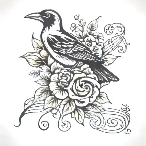 bird, flowers and musical note tattoo design idea