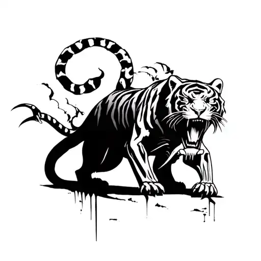 a fierce tiger with sharp claws and a skeletal body emerging from dark shadows.  tattoo design idea