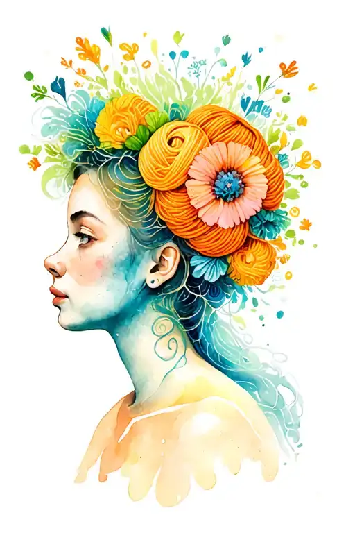 side profile of female face with yarn exploding from top of head surrounded by flowers, predominantly blue and green. tattoo design idea