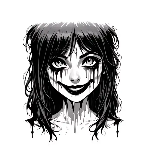 one of her eyes sircle the other cross out smile face Tears flow while smiling and There will be no facial features tattoo design idea