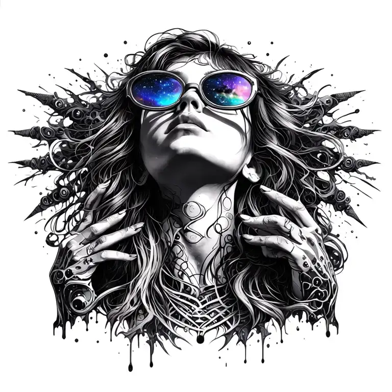 Girl in profile looking up with rave glases her hands on the glases looking up with a universe pouring out of the glases tattoo design idea