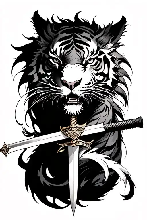 dragon tiger and katana sword feminine tattoo design idea