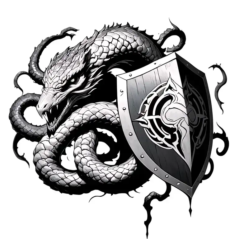 Hydra heads slithering behind Ares as he charges into chaos, shield glowing with blood sigils tattoo design idea