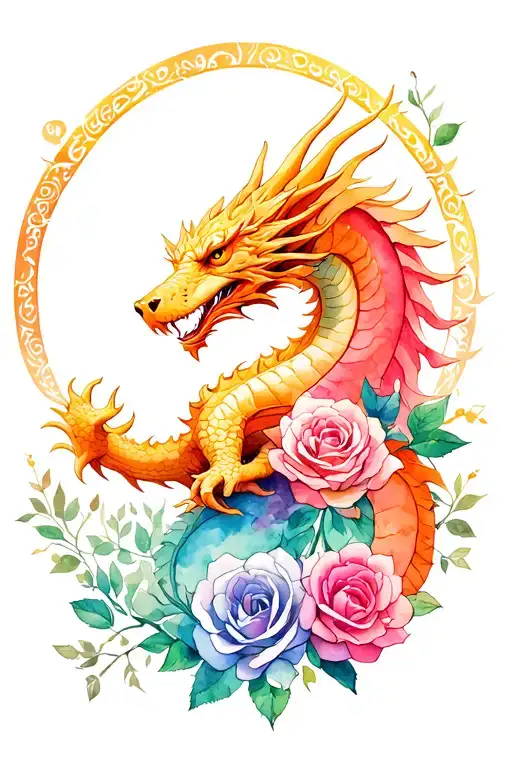 dragon, bear, tree of life, sheild, prosperity rose, watercolor arm sleve tattoo design idea