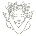 cherub angel flower crown with heart in hand on a cloud tattoo design idea