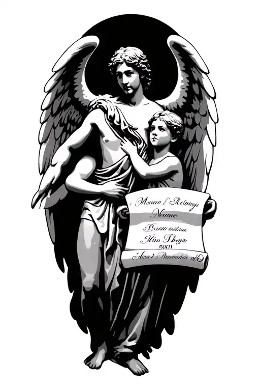 2 sons names,weight and date of birth with angel holding scrolls.  tattoo design idea