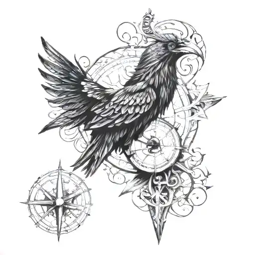 norse god oden viking tattoo with norse compass, crows and norse text  tattoo design idea