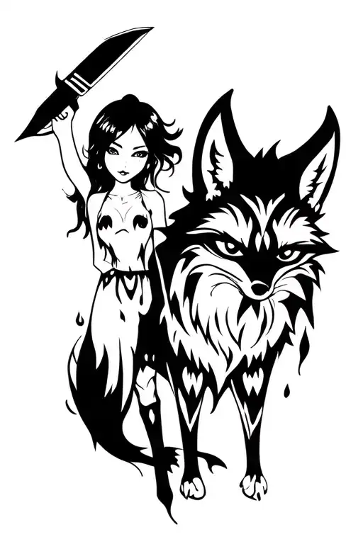 a cunning girl holds a knife in one hand, and in the other hand a fox with a cunning muzzle, which is bleeding tattoo design idea