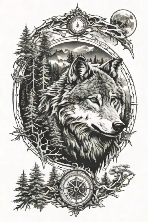dense pineforest mountain landscape  wolf compass  tattoo design idea