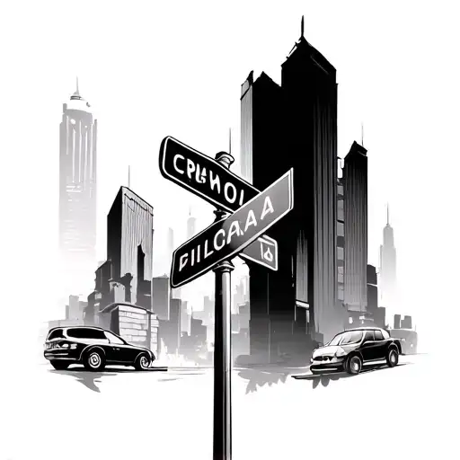 street sign in a city skyline in the background crossroads  tattoo design idea
