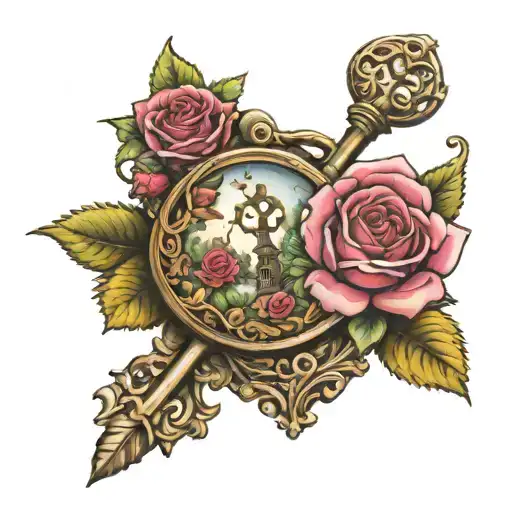 campus, locket n key,with roses intertwined tattoo design idea