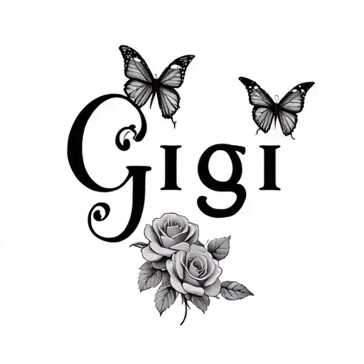 the name Gigi with butterflies and roses growing tattoo design idea
